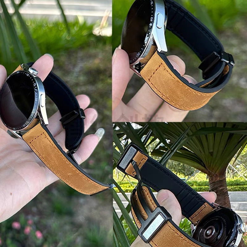 For Samsung Galaxy Gear S3 Classic / Huawei Watch GT 4 46mm Magnetic Genuine Cow Leather Watch Strap, 22mm - Light Brown