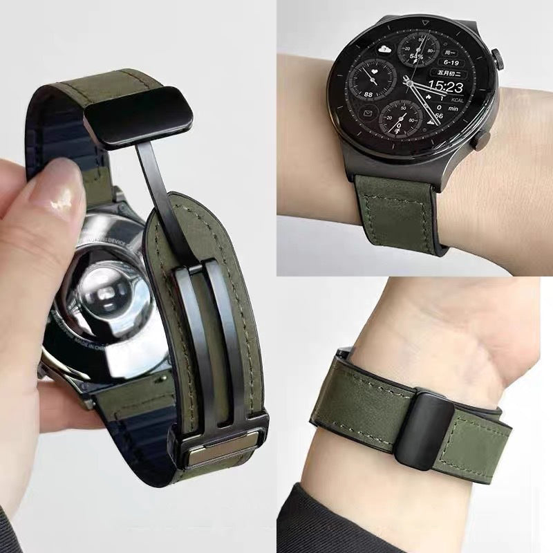 For Samsung Gear Sport / Huawei Watch GT 3 42mm Magnetic Genuine Cow Leather Watch Band, 20mm - Brown