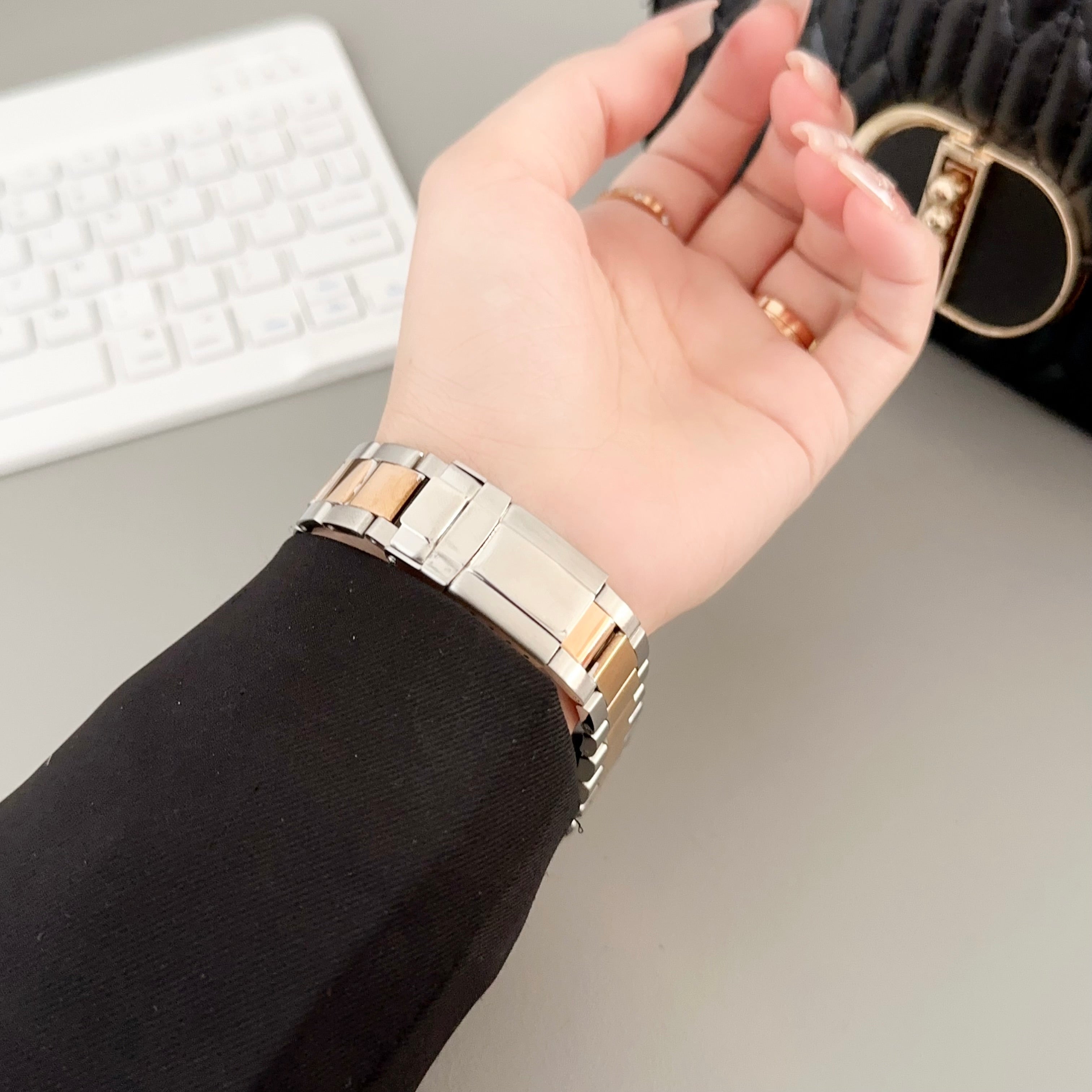 For Apple Watch Series 9 8 7 41mm / SE (2023) SE (2022) SE 6 5 4 40mm / 3 2 1 38mm Stainless Steel Watch Band - Silver+Rose Gold