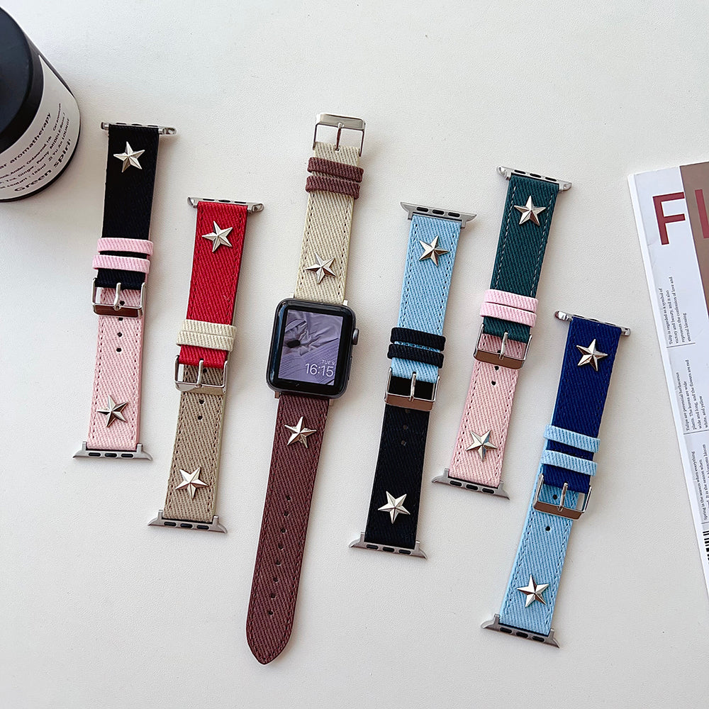 For Apple Watch Ultra 2 Ultra 49mm / Series 9 8 7 45mm / 6 5 4 SE (2023) SE (2022) SE 44mm / 3 2 1 42mm Denim Canvas Watchband - Black+Pink