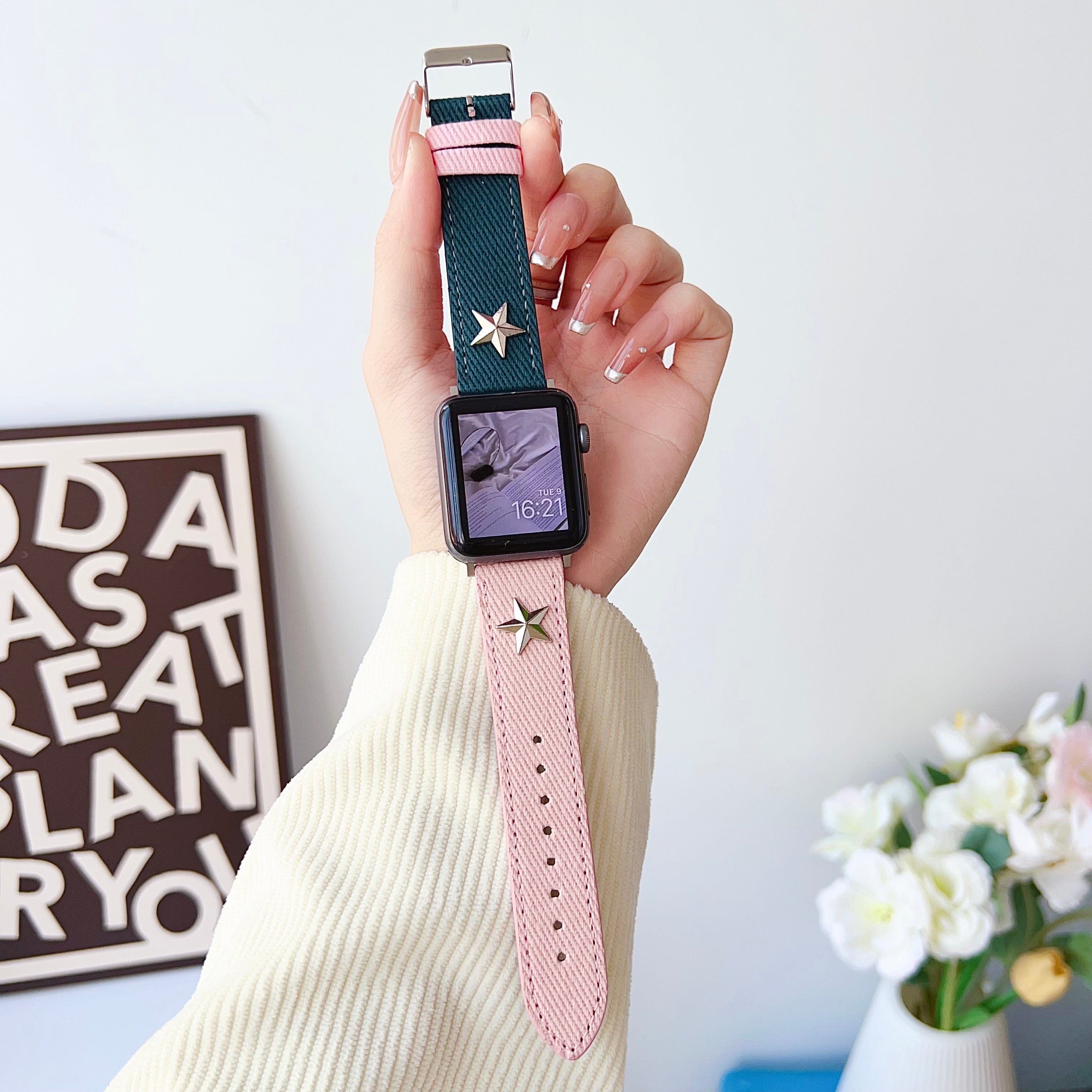For Apple Watch Ultra 2 Ultra 49mm / Series 9 8 7 45mm / 6 5 4 SE (2023) SE (2022) SE 44mm / 3 2 1 42mm Denim Canvas Watchband - Black+Pink