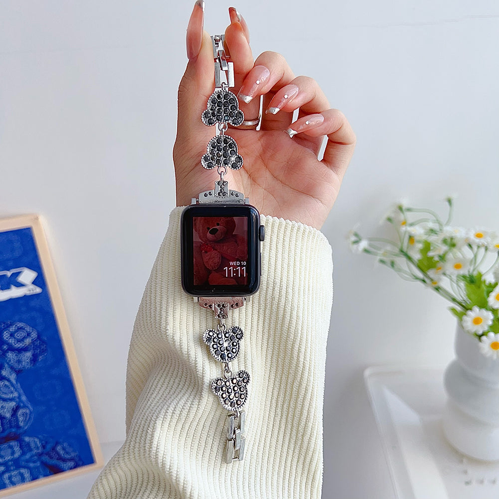 For Apple Watch 9 8 7 41mm  /  SE (2022) SE (2023) SE 6 5 4 40mm  /  3 2 1 38mm Wrist Watch Band - Bear Head+Black Rhinestone
