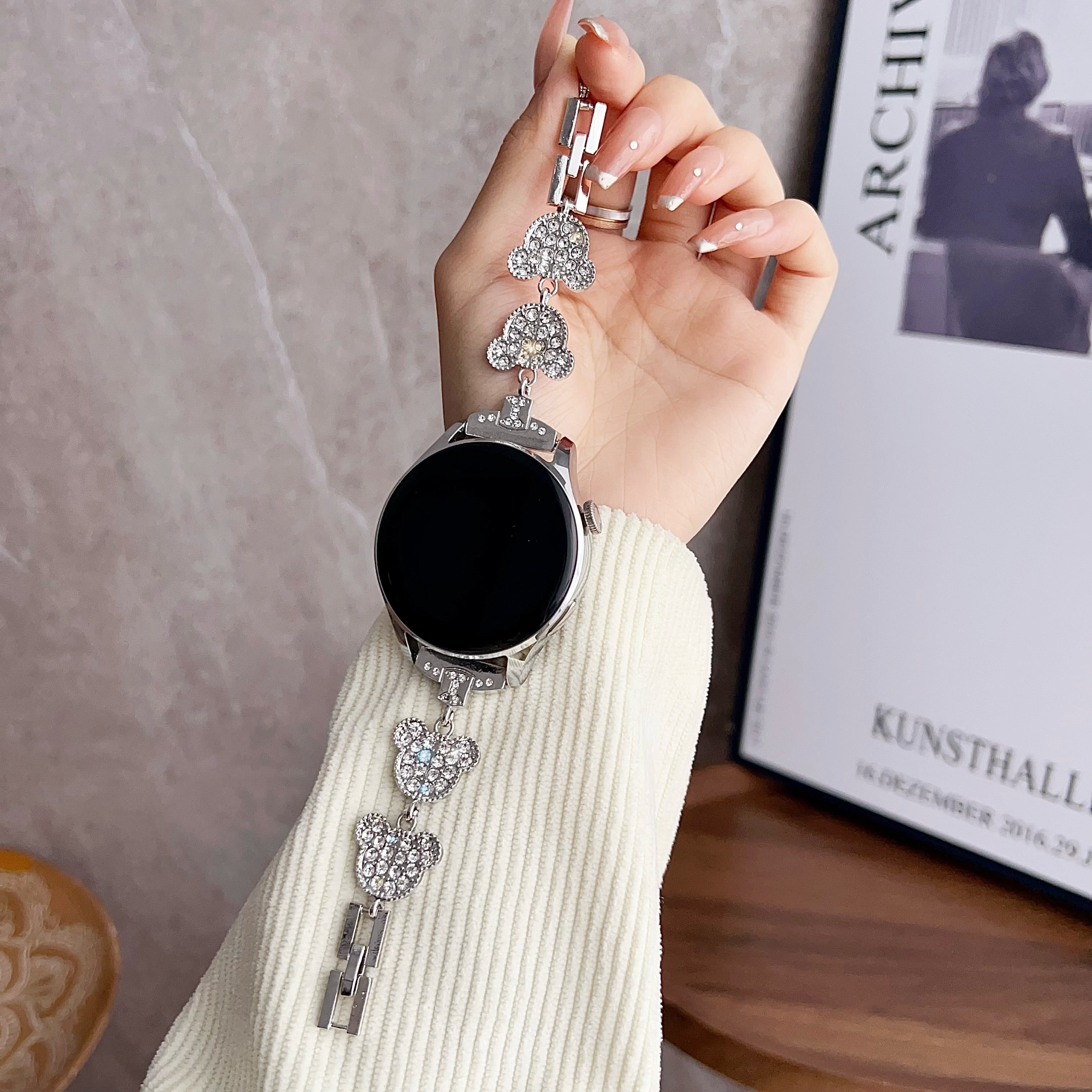 For Samsung Galaxy Watch Active / Galaxy Watch 42mm / Gear Sport 20mm Wrist Strap Zinc Alloy Band - Bear Head+Silver Rhinestone