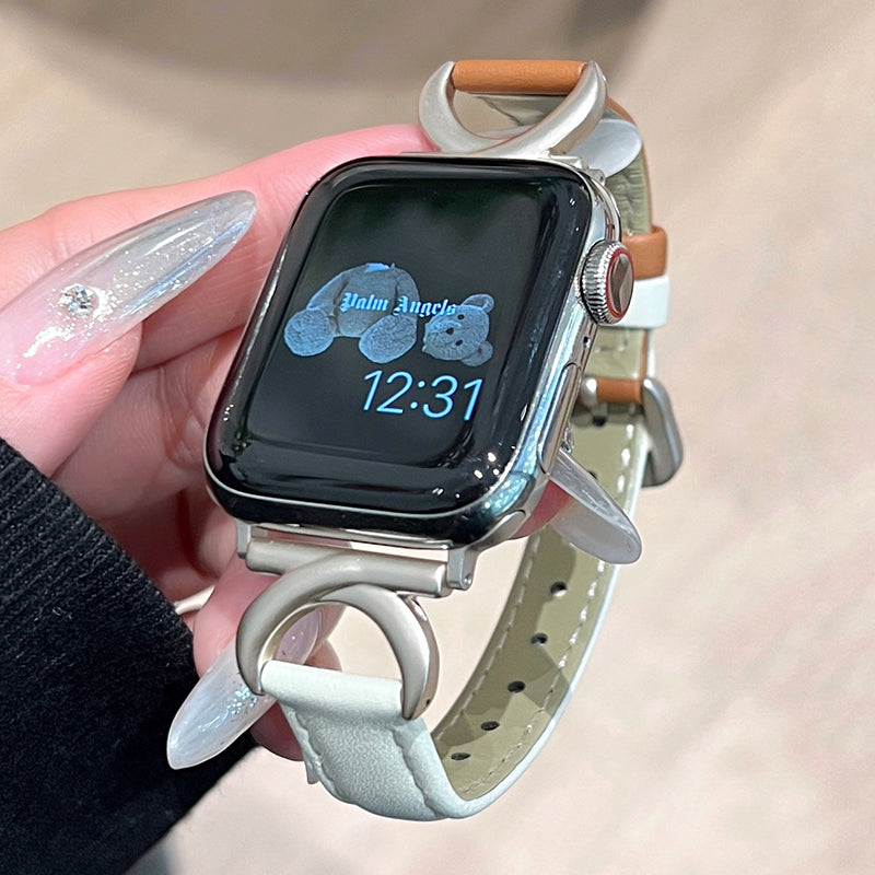 For Apple Watch 9 8 7 41mm  /  SE (2022) SE (2023) SE 6 5 4 40mm  /  3 2 1 38mm Band Cow Leather Watch Strap - Caramel+White