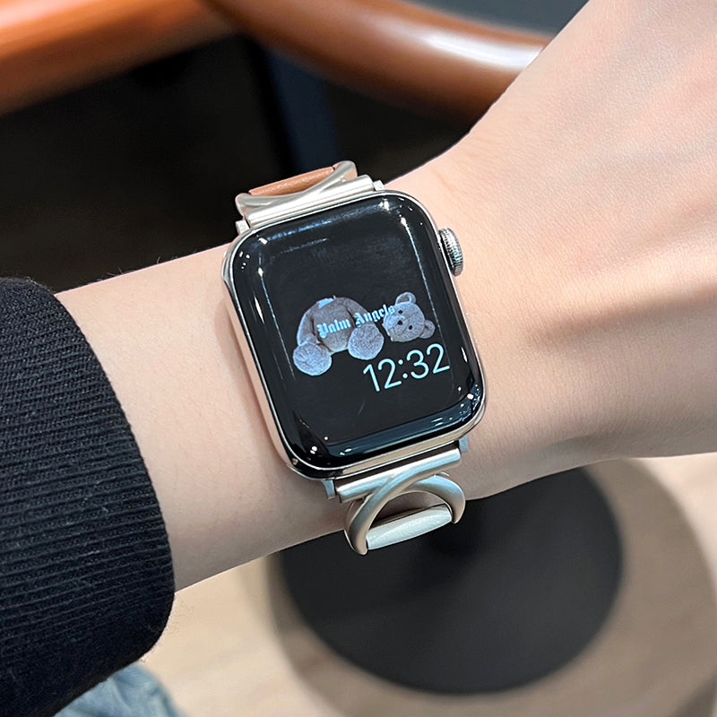 For Apple Watch 9 8 7 41mm  /  SE (2022) SE (2023) SE 6 5 4 40mm  /  3 2 1 38mm Band Cow Leather Watch Strap - Caramel+White