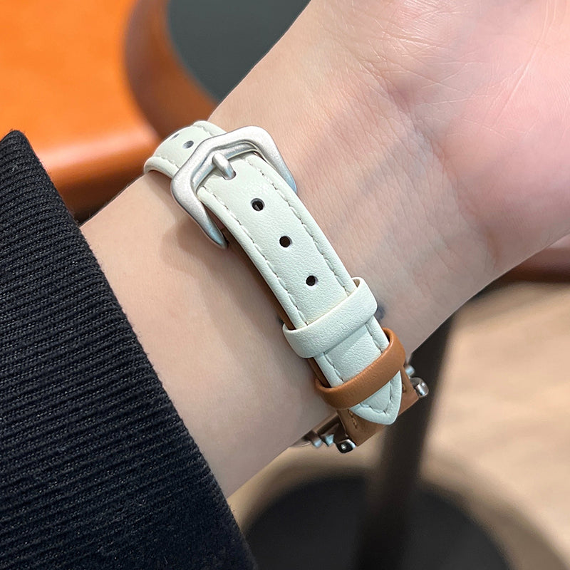 For Apple Watch 9 8 7 41mm  /  SE (2022) SE (2023) SE 6 5 4 40mm  /  3 2 1 38mm Band Cow Leather Watch Strap - Caramel+White