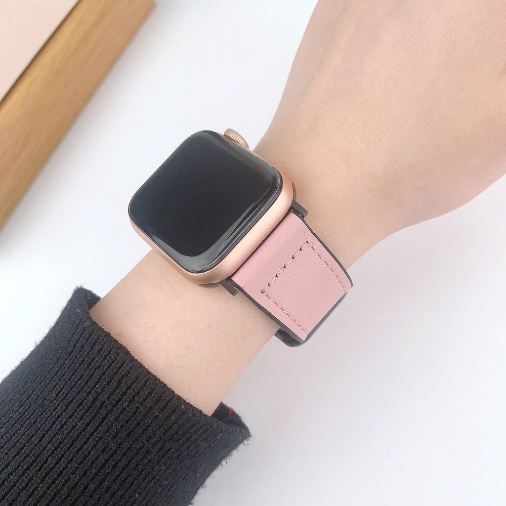 For Apple Watch Series 9 8 7 41mm  /  Series 6 5 4 SE (2022) SE (2023) SE 40mm  /  Series 3 2 1 38mm Leather+Silicone Wrist Strap - Pink