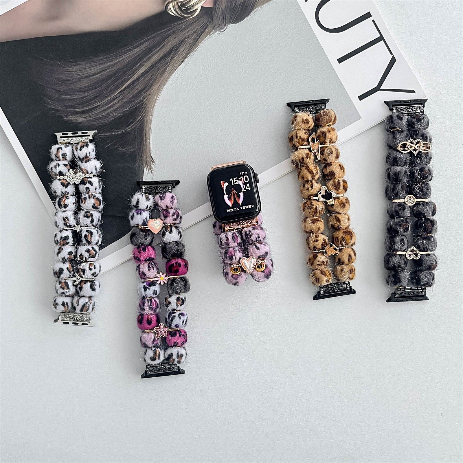 For Apple Watch Ultra 2 Ultra 49mm / Series 9 8 7 45mm / SE (2023) SE (2022) SE 6 5 4 44mm / 3 2 1 42mm Band Beaded Bracelet - Colorful Leopard
