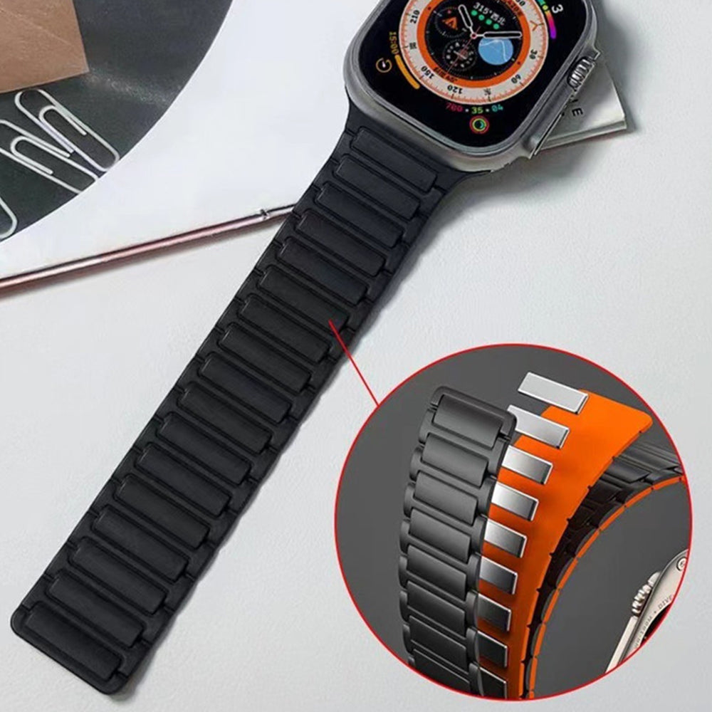 For Apple Watch Ultra 2 Ultra 49mm  /  9 8 7 45mm  /  SE (2023) SE (2022) SE 6 5 4 44mm  /  3 2 1 42mm 3 Beads Watch Strap - Black+Orange