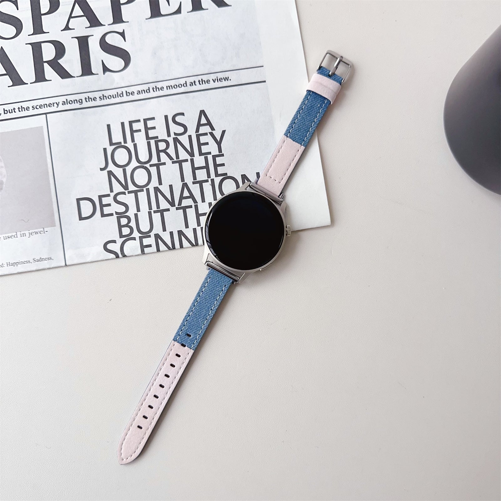 For Huawei Watch GT 4 41mm / Garmin Venu 3S Strap 18mm Denim+PU Leather Watch Band - Baby Blue+Pink