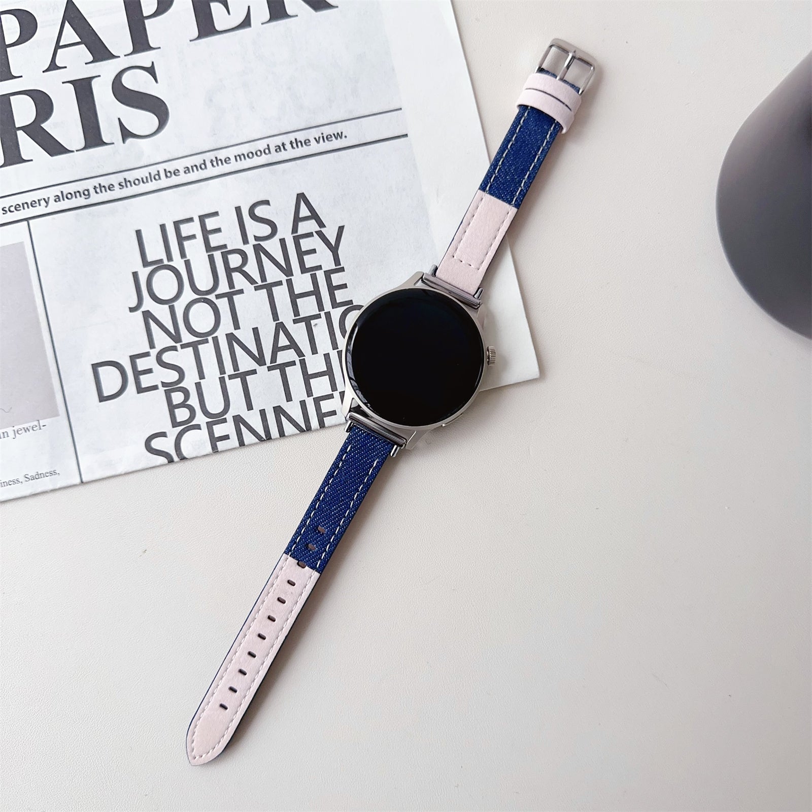 For Huawei Watch GT 4 41mm / Garmin Venu 3S Strap 18mm Denim+PU Leather Watch Band - Baby Blue+Pink