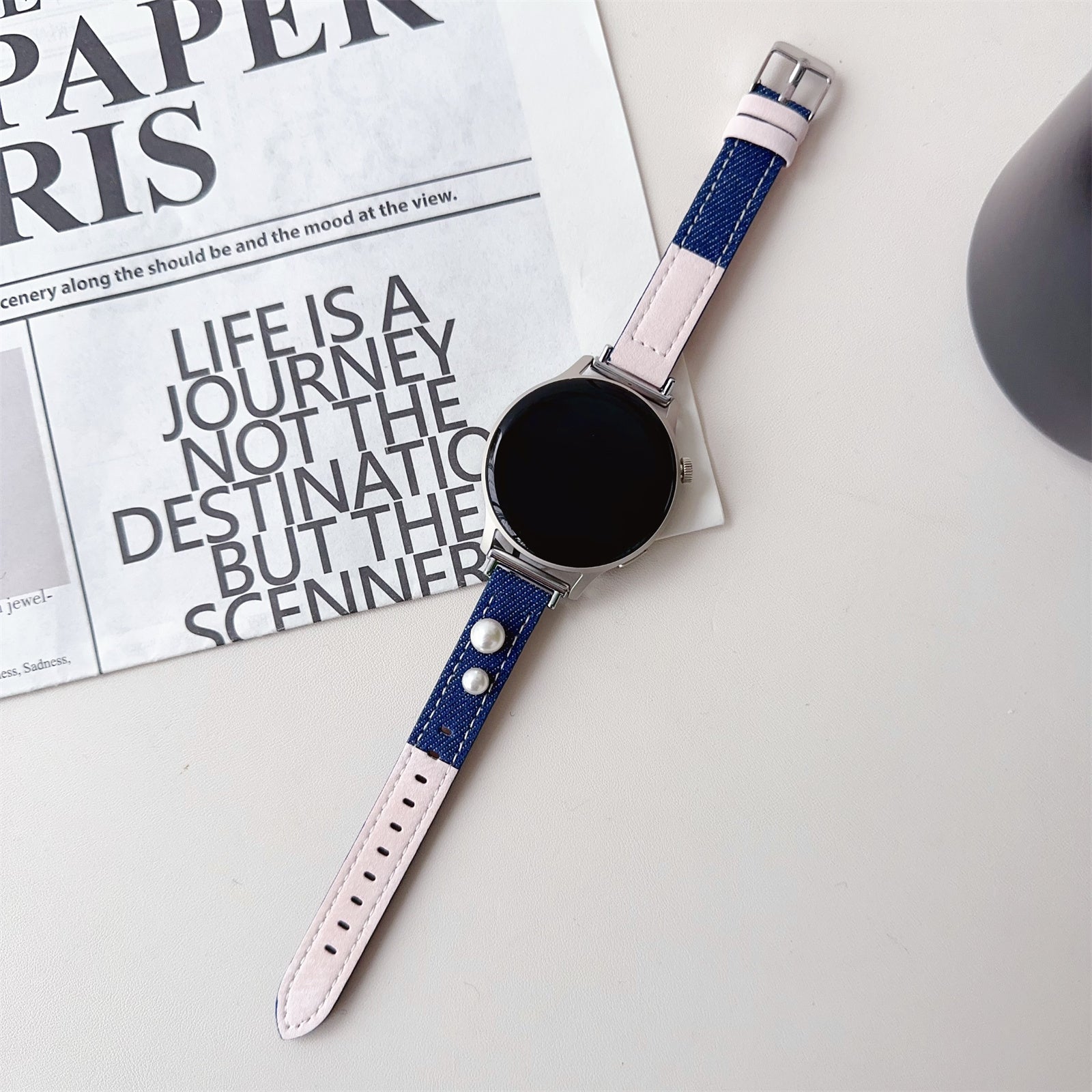 For Huawei Watch GT 4 41mm / Garmin Venu 3S Strap 18mm Denim+PU Leather Watch Band - Baby Blue+Pink
