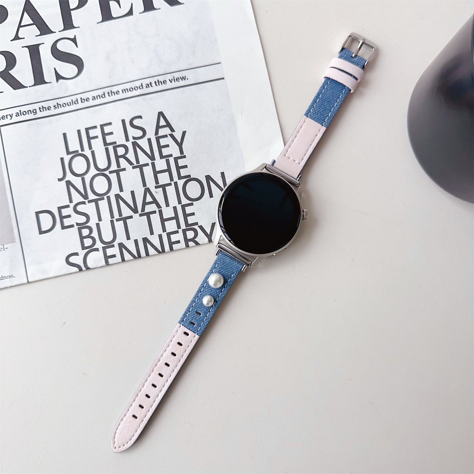 For Huawei Watch GT 4 41mm / Garmin Venu 3S Strap 18mm Denim+PU Leather Watch Band - Baby Blue+Pink
