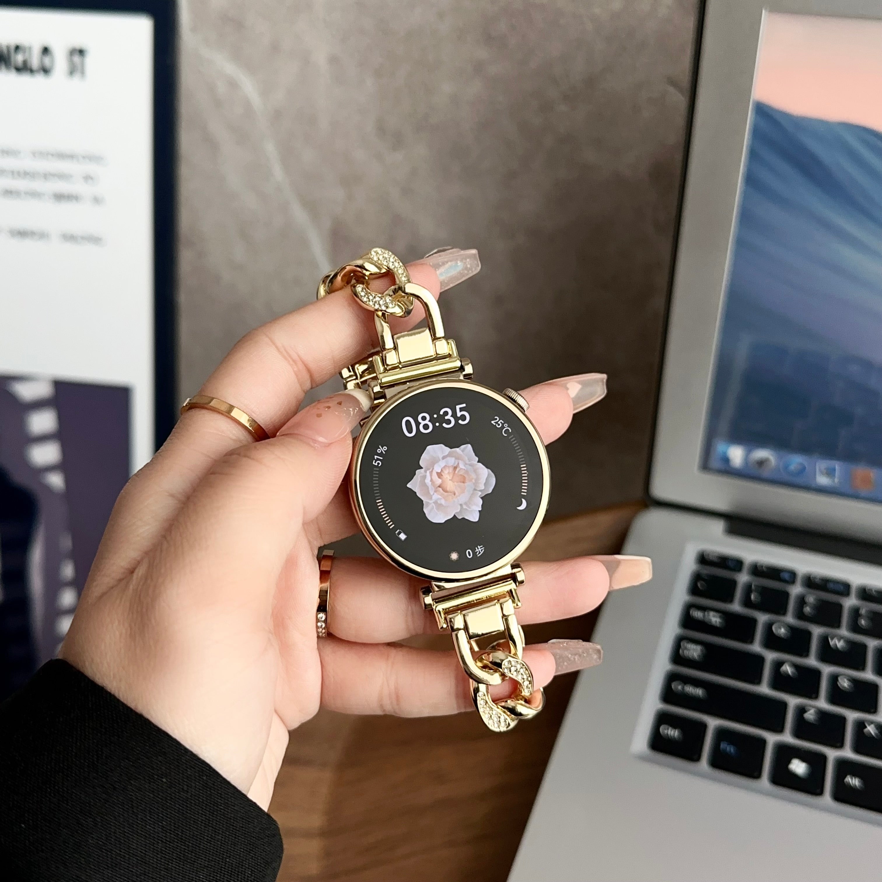 For Samsung Galaxy Watch6 / Garmin Venu Sq 2 Watch Strap 20mm  Stainless Steel Rhinestone Wrist Band - Gold