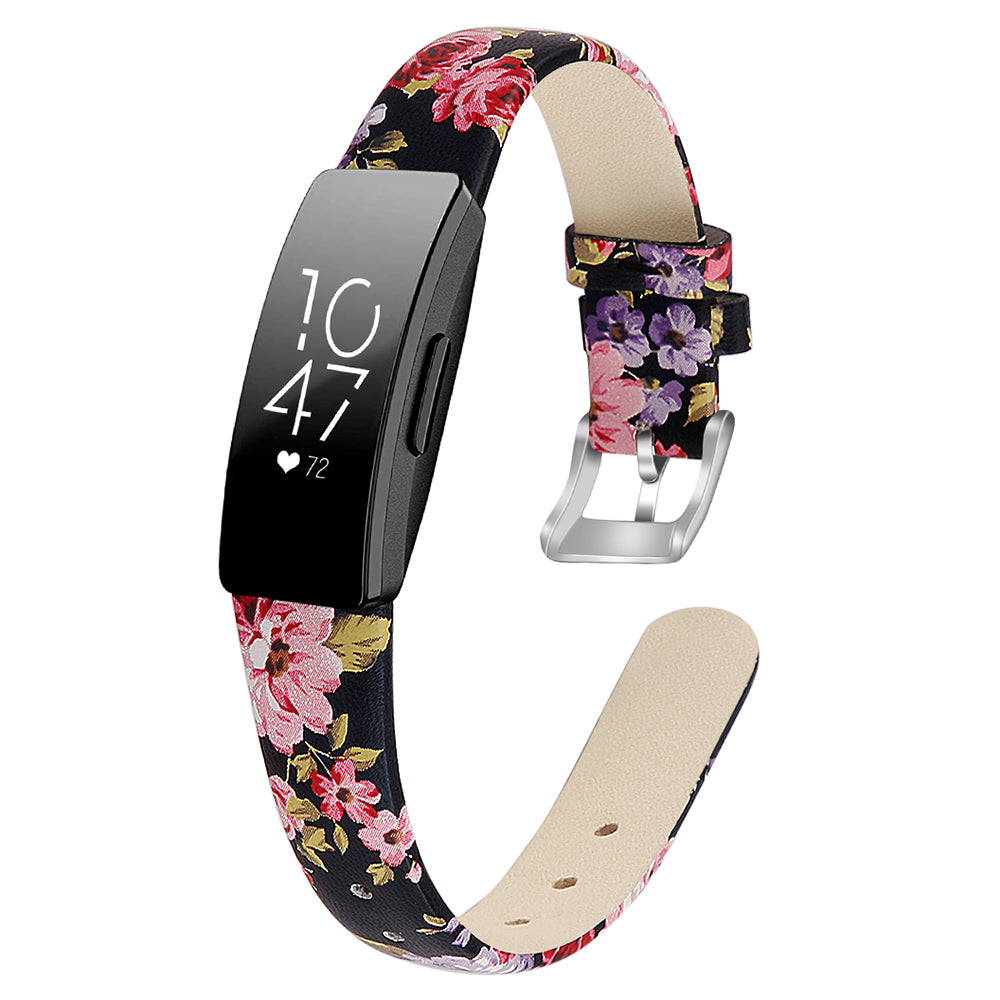 For Fitbit Inspire / Inspire HR Watch Band Matte Imprinted Pattern Replacement Wrist Strap - S / Black+Pink Flower
