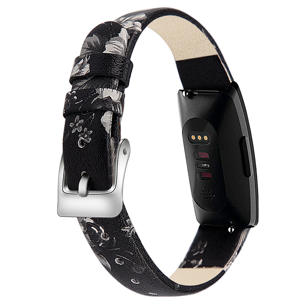 For Fitbit Inspire / Inspire HR Watch Band Matte Imprinted Pattern Replacement Wrist Strap - S / Black+Pink Flower