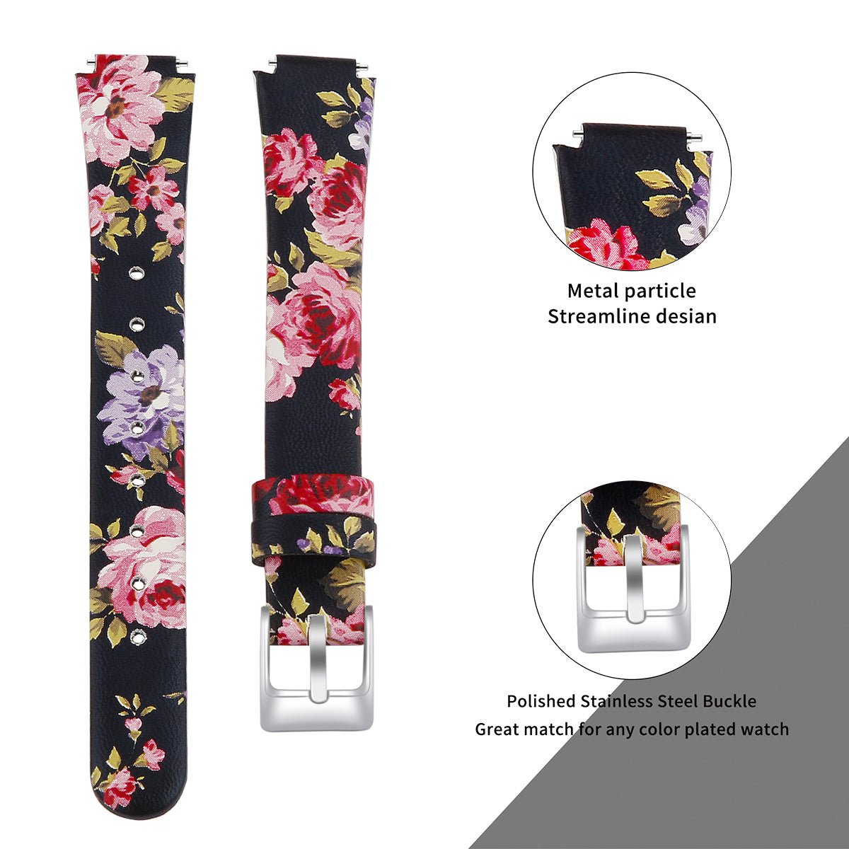 For Fitbit Inspire / Inspire HR Smart Watch Band Top-layer Cow Leather Wrist Strap - L / Black+Pink Flower