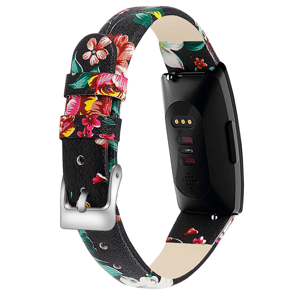 For Fitbit Inspire / Inspire HR Smart Watch Band Top-layer Cow Leather Wrist Strap - L / Black+Pink Flower