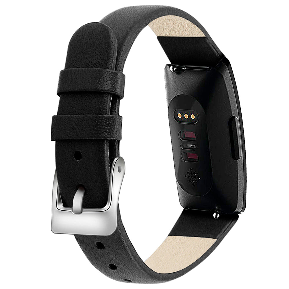 For Fitbit Inspire / Inspire HR Smart Watch Band Top-layer Cow Leather Wrist Strap - L / Black+Pink Flower