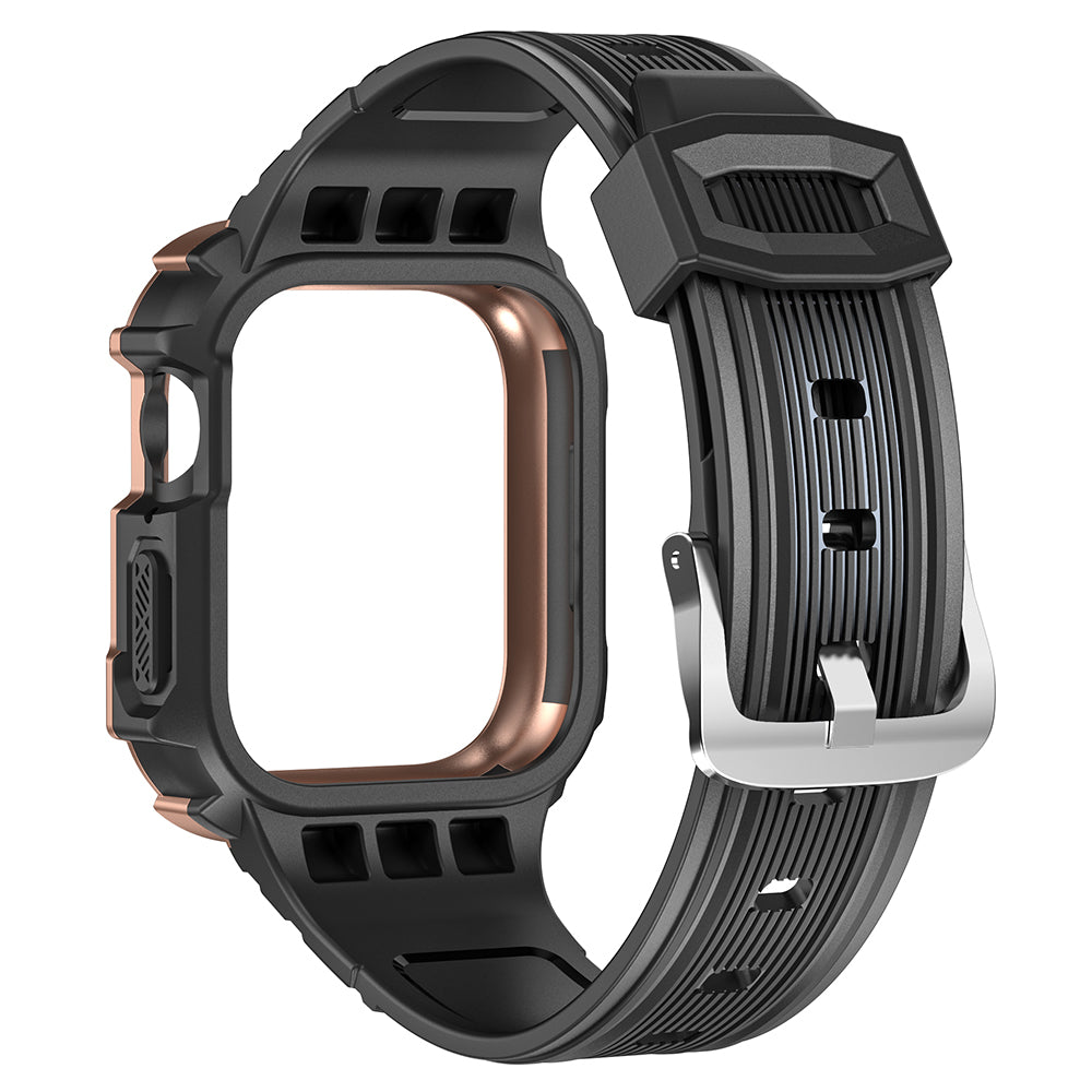 For Apple Watch Series 9 / 8 / 7 45mm / 6 / 5 / 4 44mm / 3 / 2 / 1 42mm / SE (2022) 44mm / SE (2023) / SE 44mm TPU Strap Integrated with PC Watch Case - Black+Copper