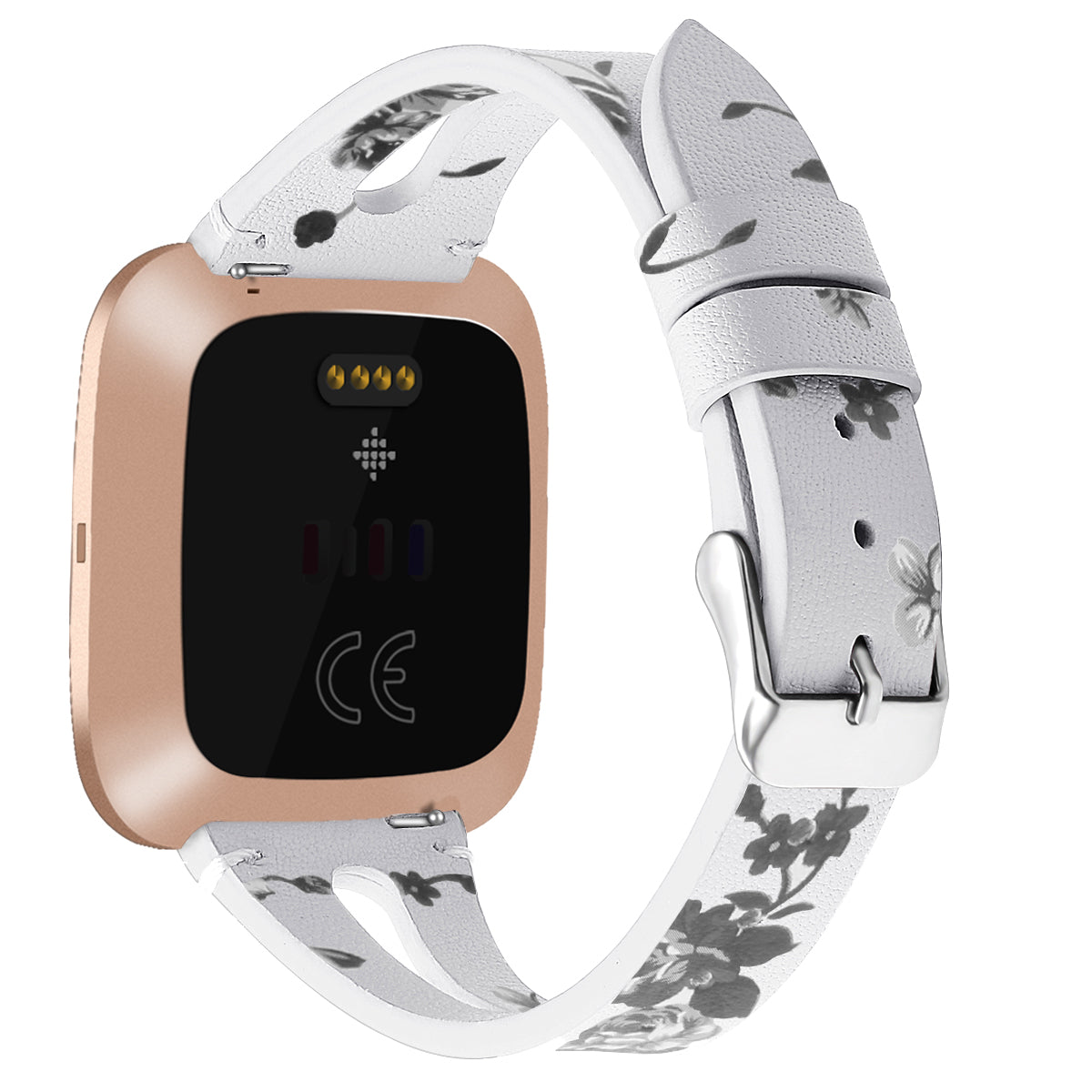 For Fitbit Versa 3 Genuine Leather Watch Strap Classic Style Bracelet Band - Grey Flower / White