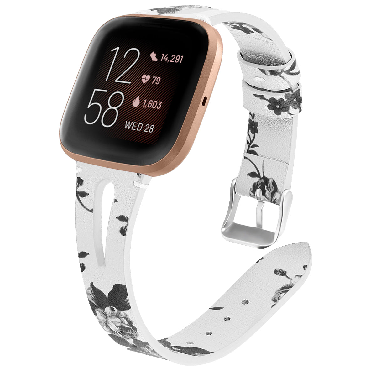 For Fitbit Versa 3 Genuine Leather Watch Strap Classic Style Bracelet Band - Grey Flower / White