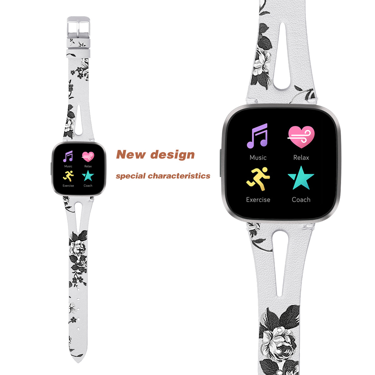 For Fitbit Versa 3 Genuine Leather Watch Strap Classic Style Bracelet Band - Grey Flower / White