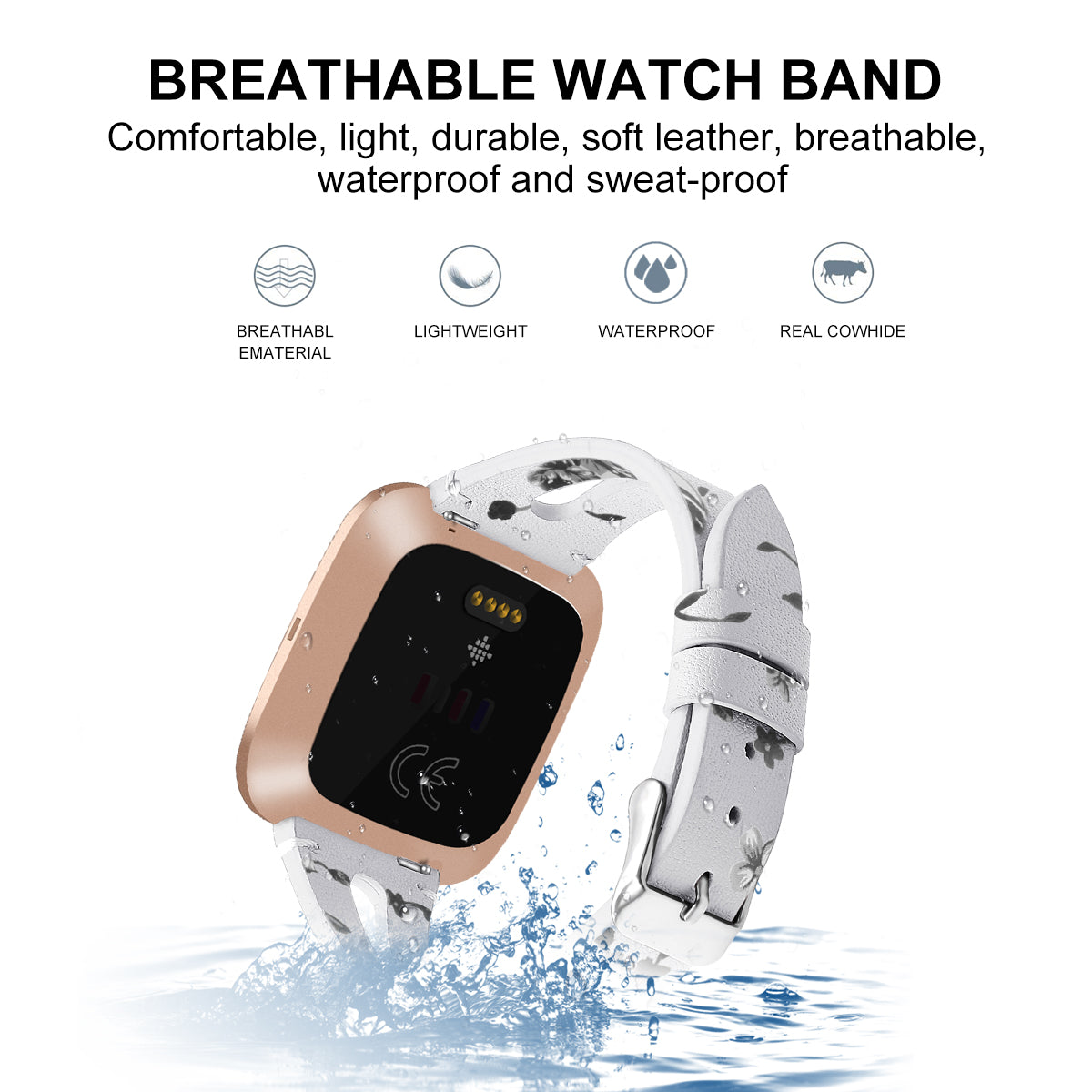 For Fitbit Versa 3 Genuine Leather Watch Strap Classic Style Bracelet Band - Grey Flower / White