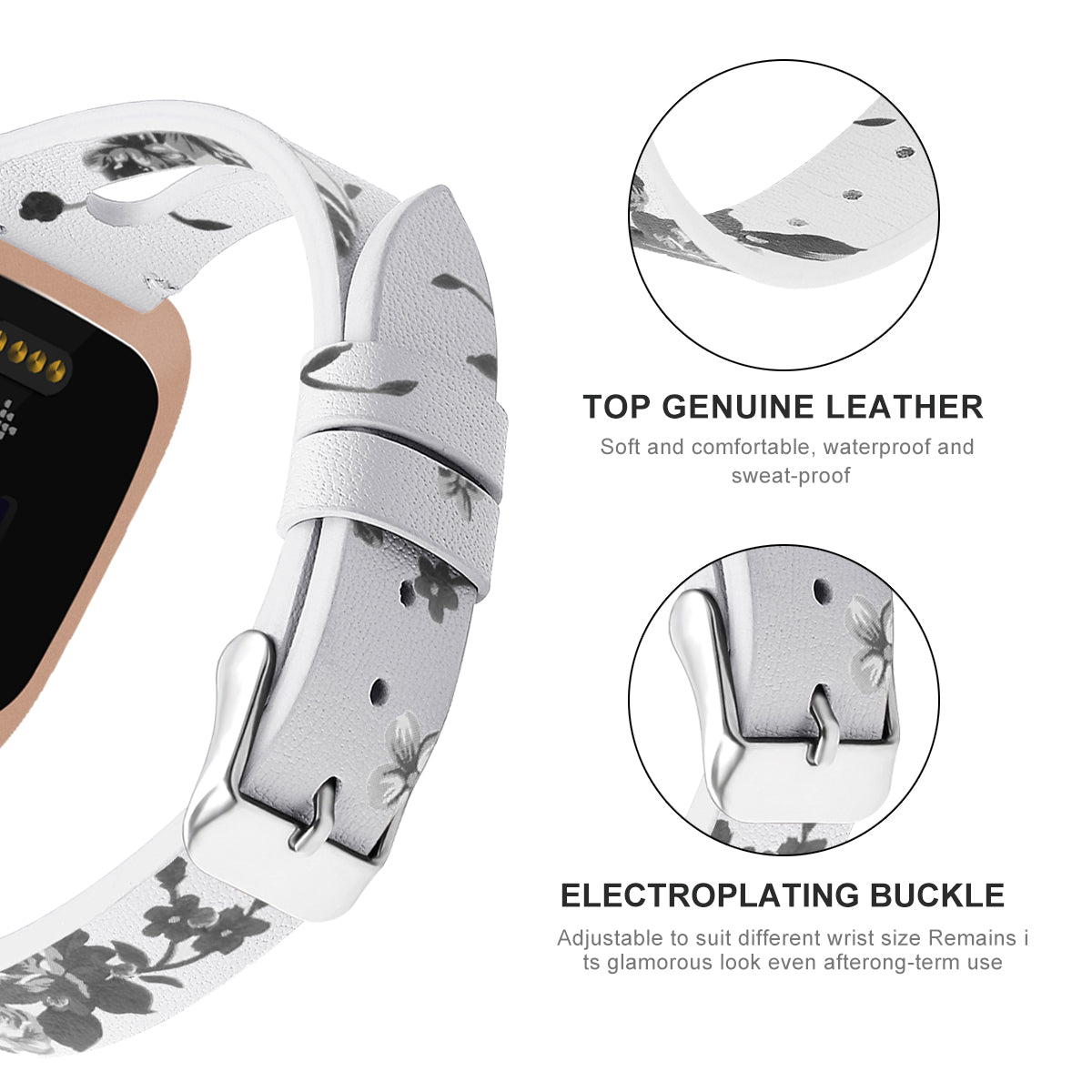 For Fitbit Versa 3 Genuine Leather Watch Strap Classic Style Bracelet Band - Grey Flower / White