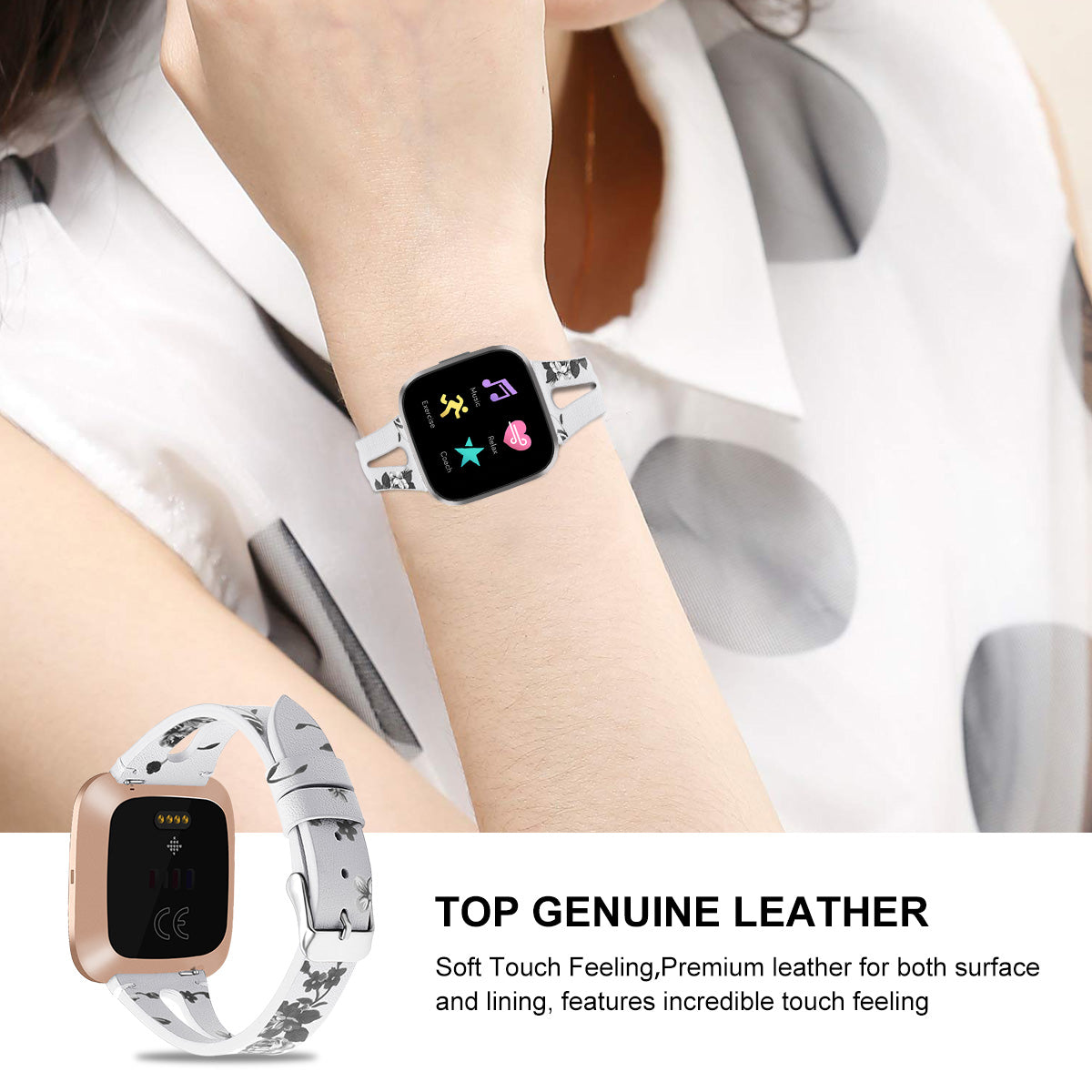 For Fitbit Versa 3 Genuine Leather Watch Strap Classic Style Bracelet Band - Grey Flower / White
