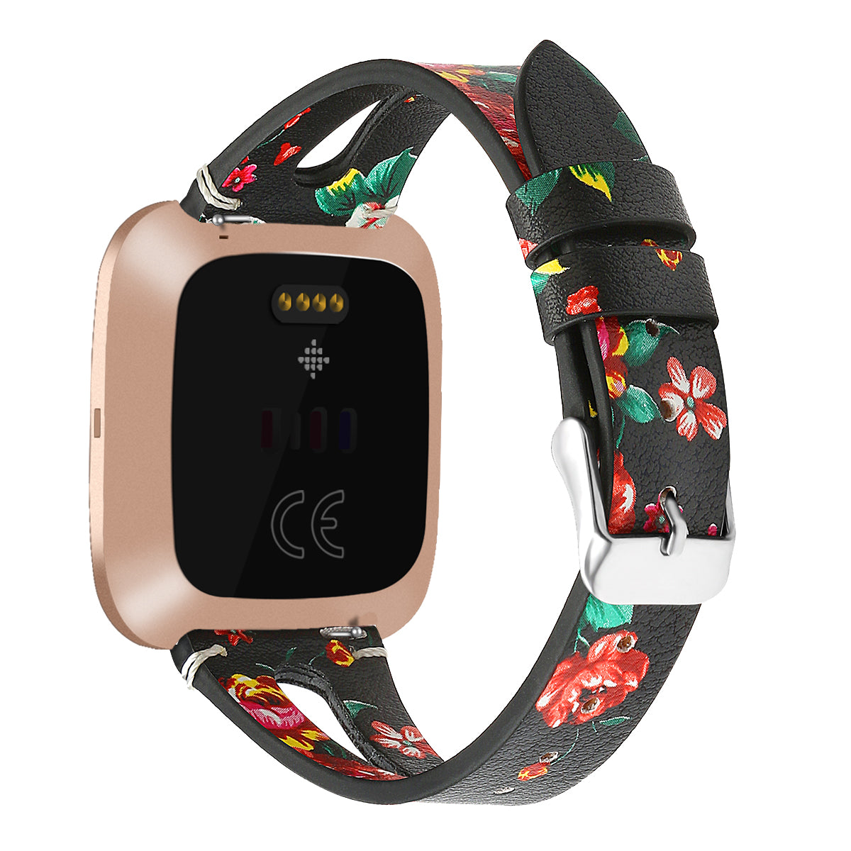 For Fitbit Versa 3 Genuine Leather Watch Strap Classic Style Bracelet Band - Grey Flower / White