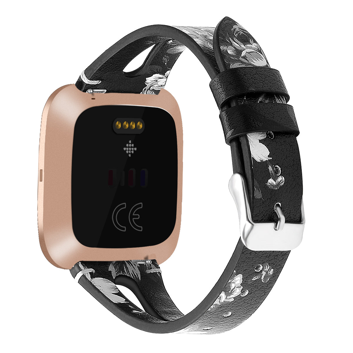 For Fitbit Versa 3 Genuine Leather Watch Strap Classic Style Bracelet Band - Grey Flower / White