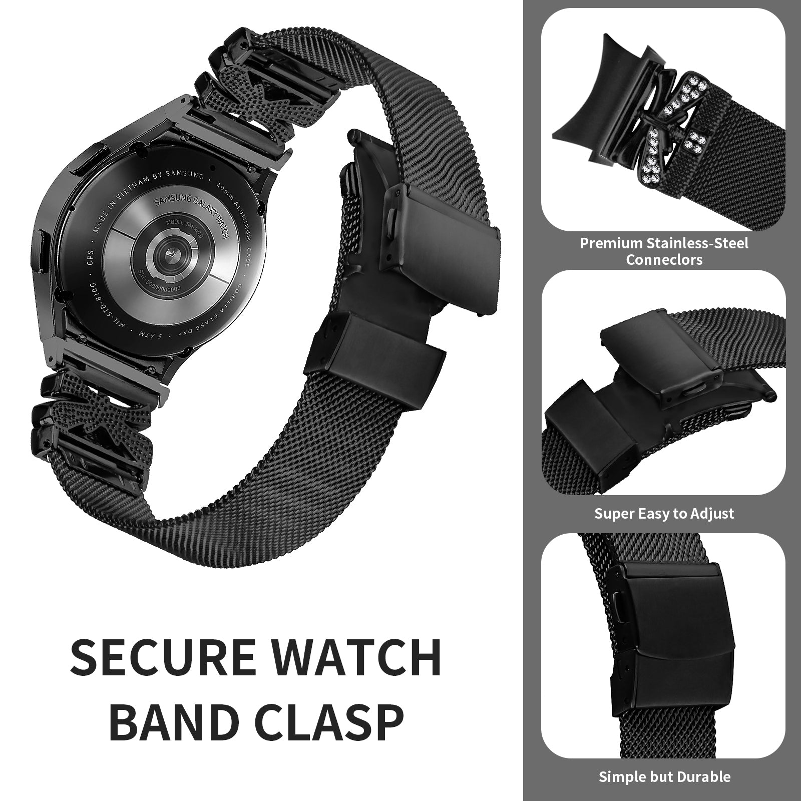 For Samsung Galaxy Watch6 / Watch6 Classic Stainless Steel Watch Strap Bracelet with Rhinestone - Black
