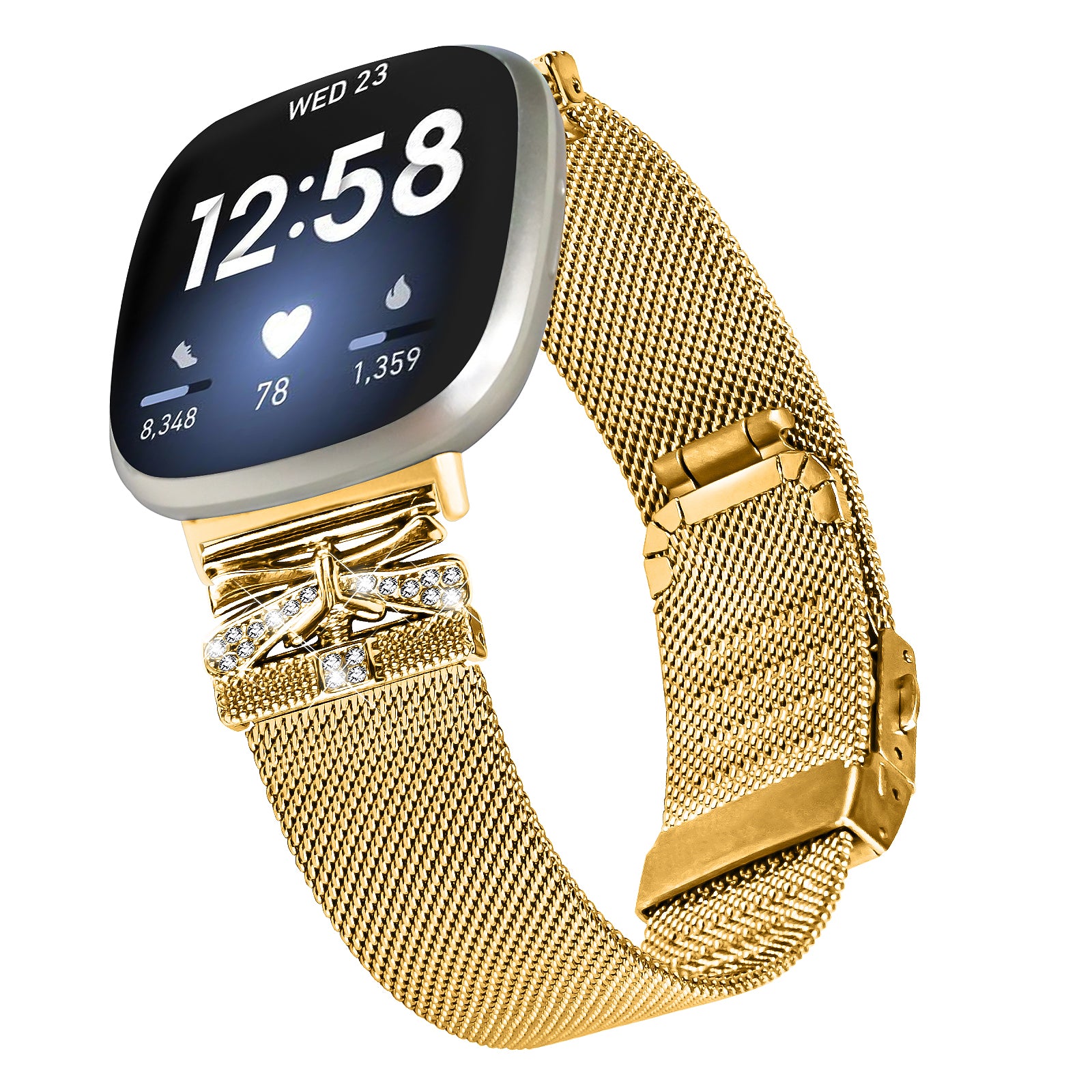 For Fitbit Versa 4 / Sense 2 Strap Rhinestone Decor Electroplating Stainless Steel Watch Band - Gold