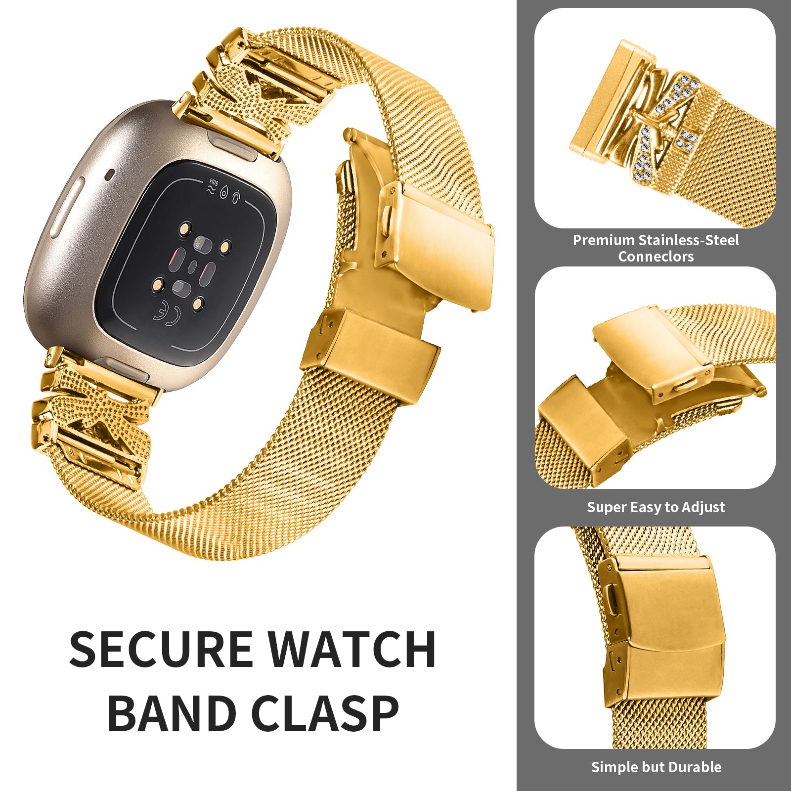 For Fitbit Versa 4 / Sense 2 Strap Rhinestone Decor Electroplating Stainless Steel Watch Band - Gold
