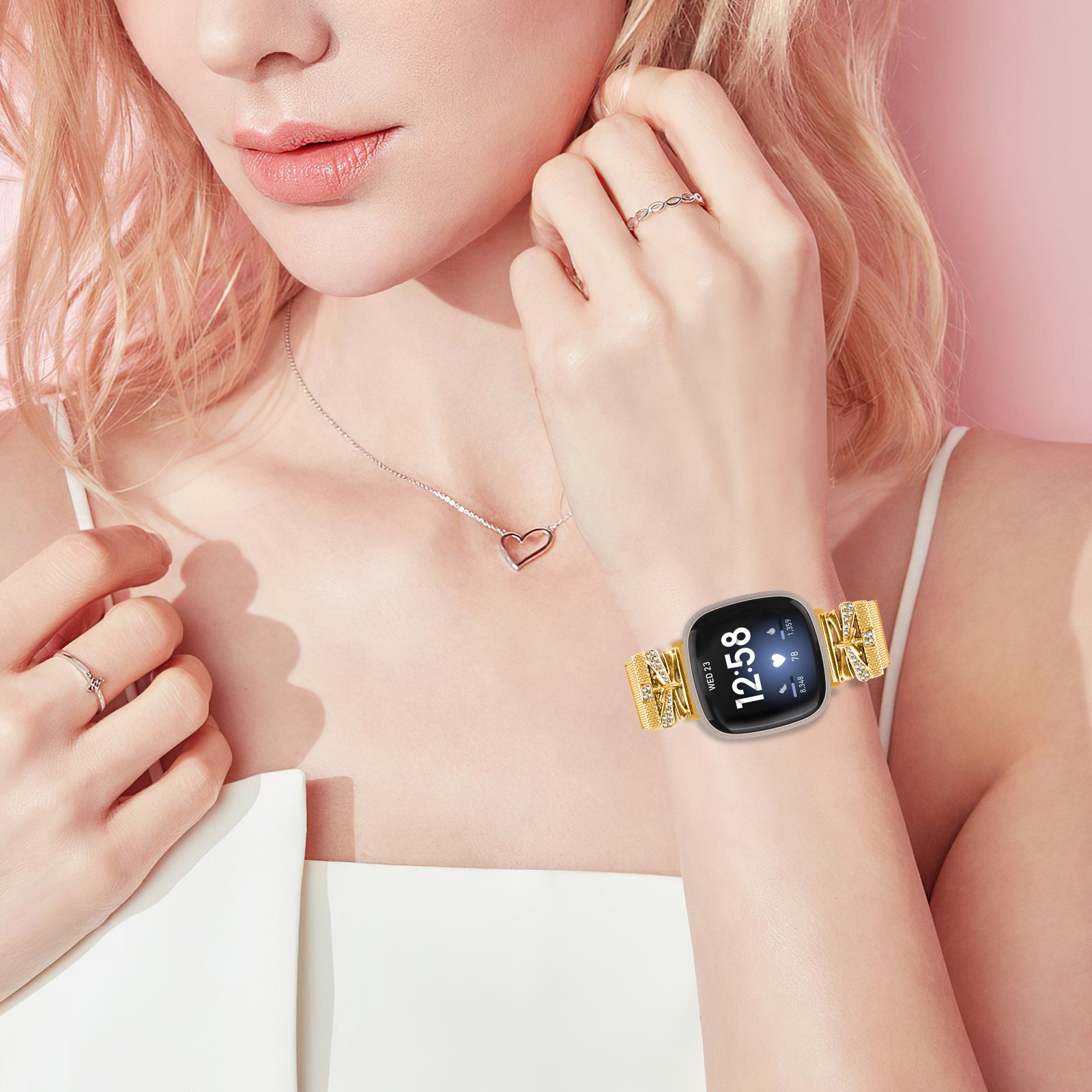 For Fitbit Versa 4 / Sense 2 Strap Rhinestone Decor Electroplating Stainless Steel Watch Band - Gold