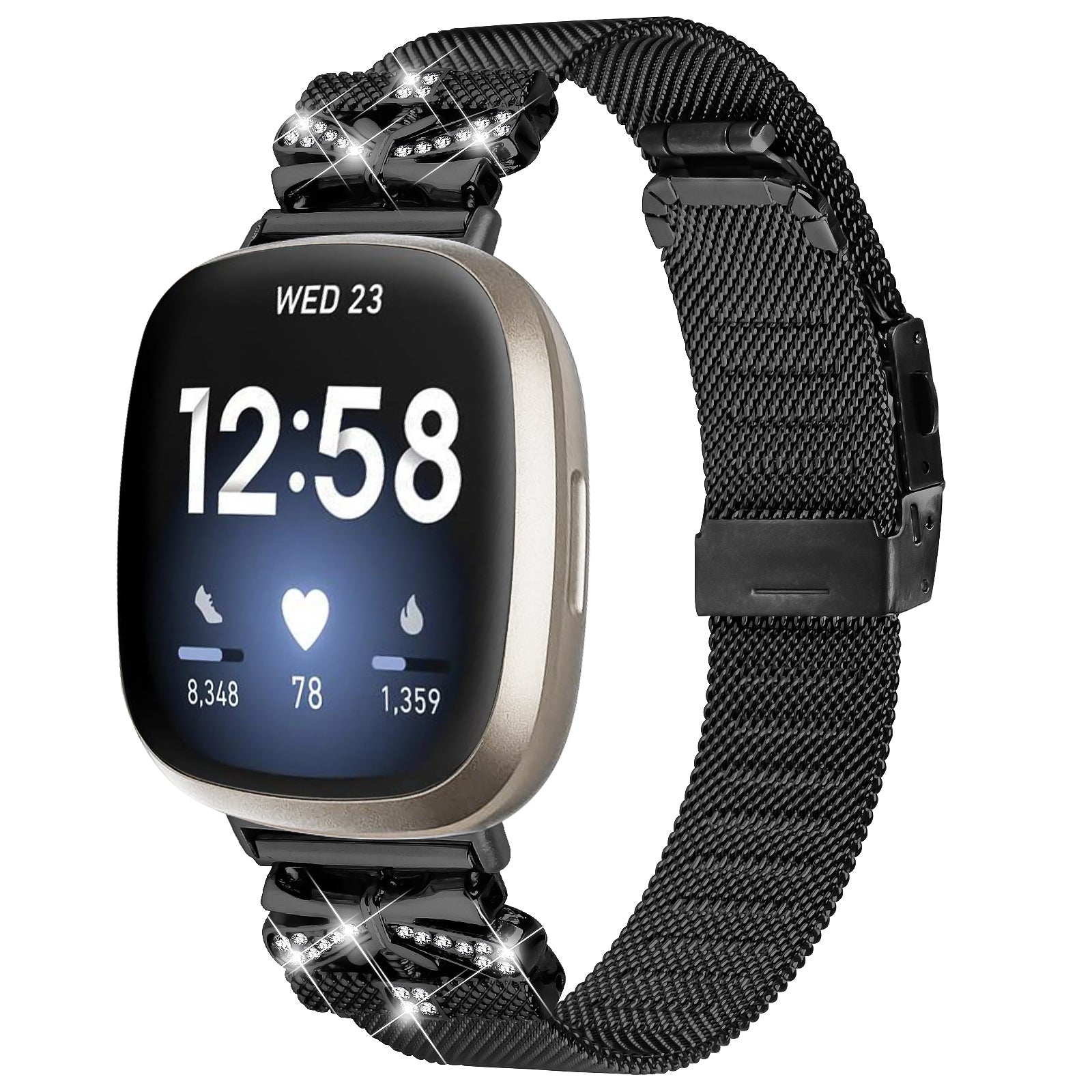 For Fitbit Versa 4 / Sense 2 Strap Stainless Steel Milanese Watch Band with Rhinestone Decor - Black