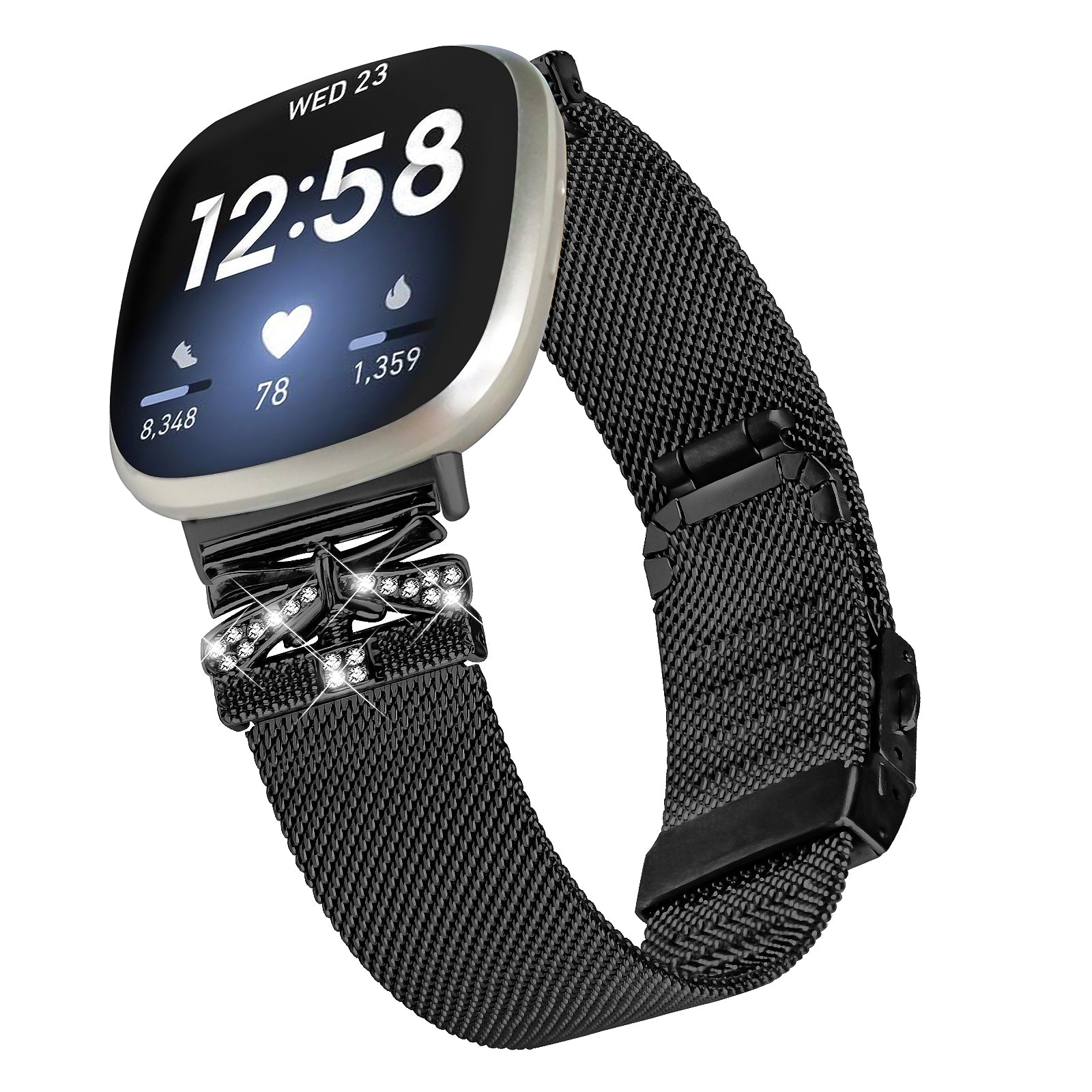 For Fitbit Versa 4 / Sense 2 Strap Stainless Steel Milanese Watch Band with Rhinestone Decor - Black