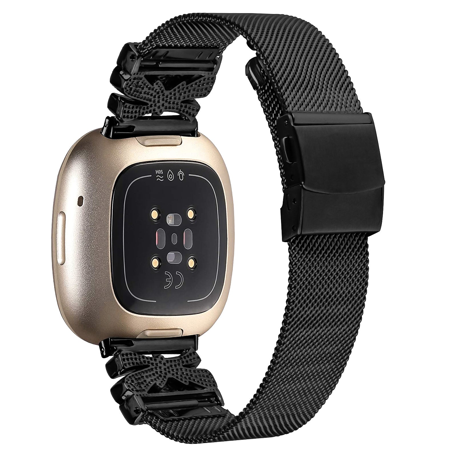 For Fitbit Versa 4 / Sense 2 Strap Stainless Steel Milanese Watch Band with Rhinestone Decor - Black