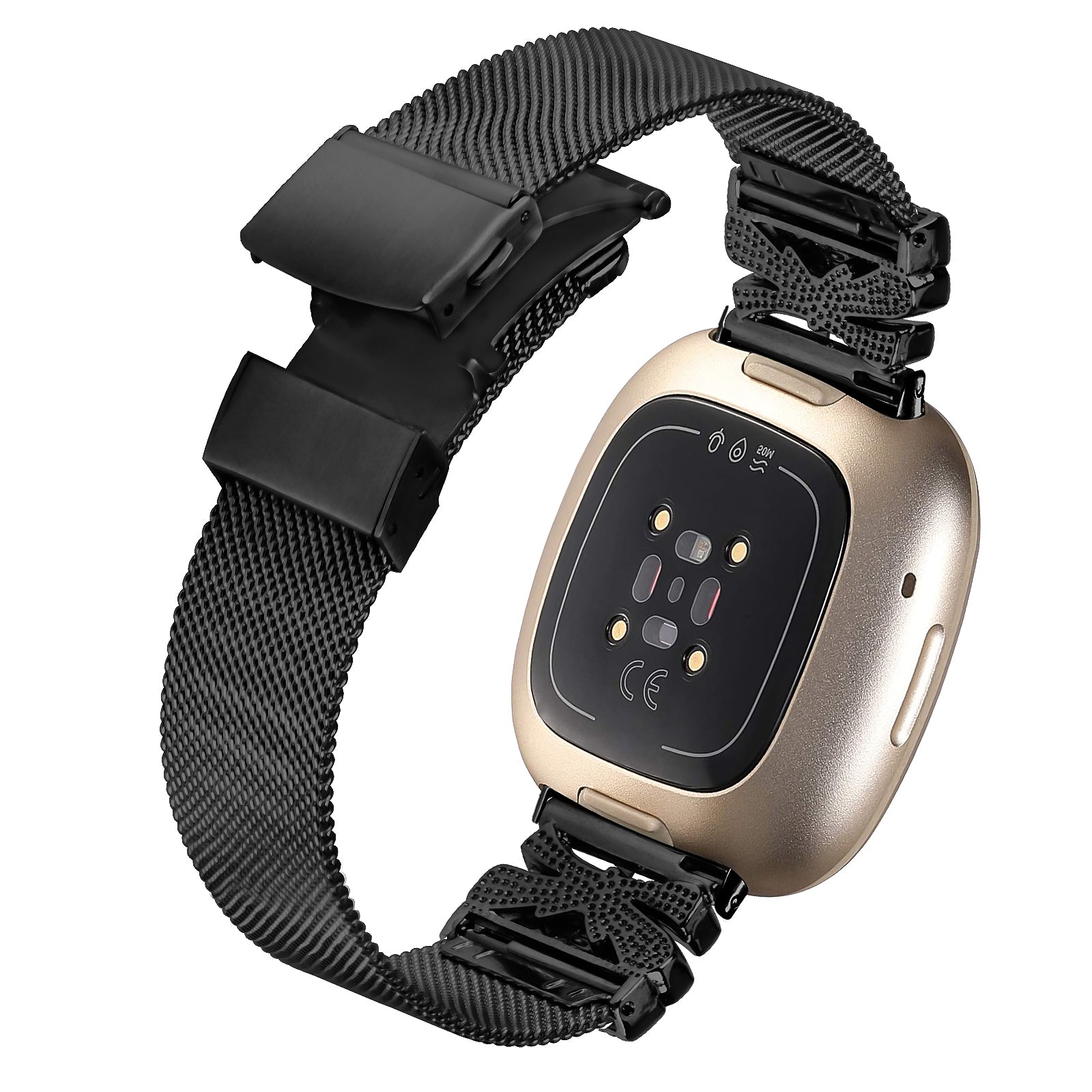 For Fitbit Versa 4 / Sense 2 Strap Stainless Steel Milanese Watch Band with Rhinestone Decor - Black
