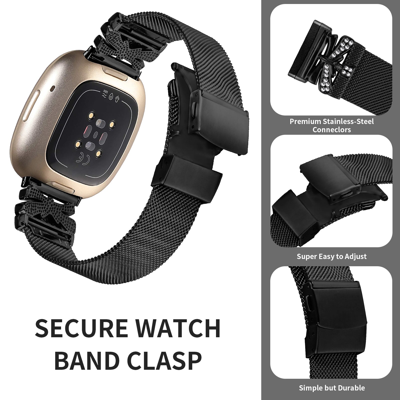 For Fitbit Versa 4 / Sense 2 Strap Stainless Steel Milanese Watch Band with Rhinestone Decor - Black