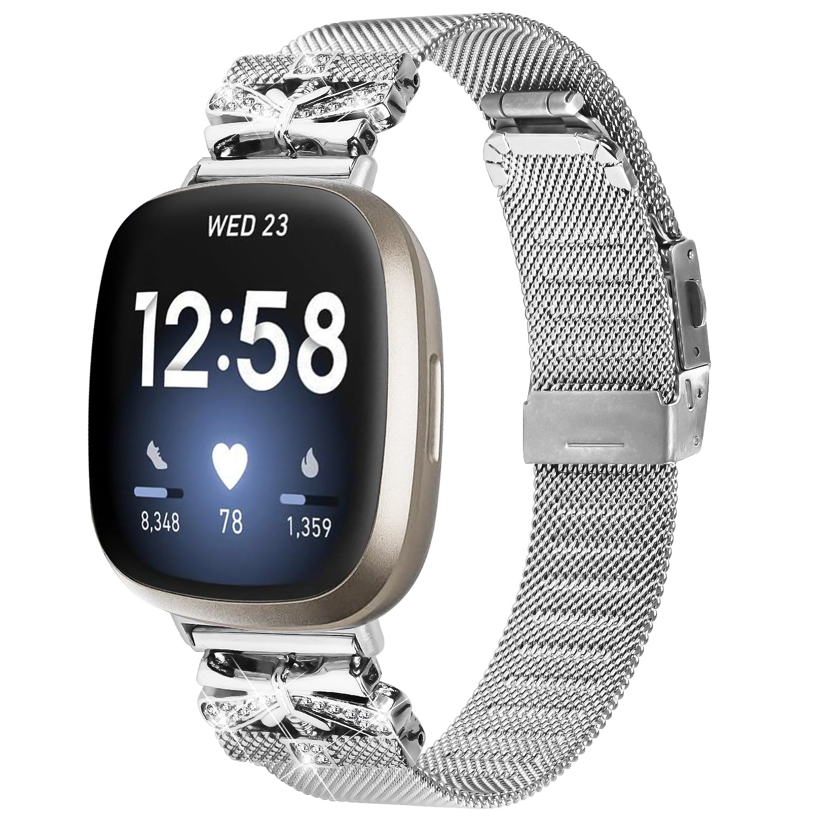 For Fitbit Sense / Versa 3 Milanese Watchband Stainless Steel Watch Strap with Rhinestone Decor - Silver