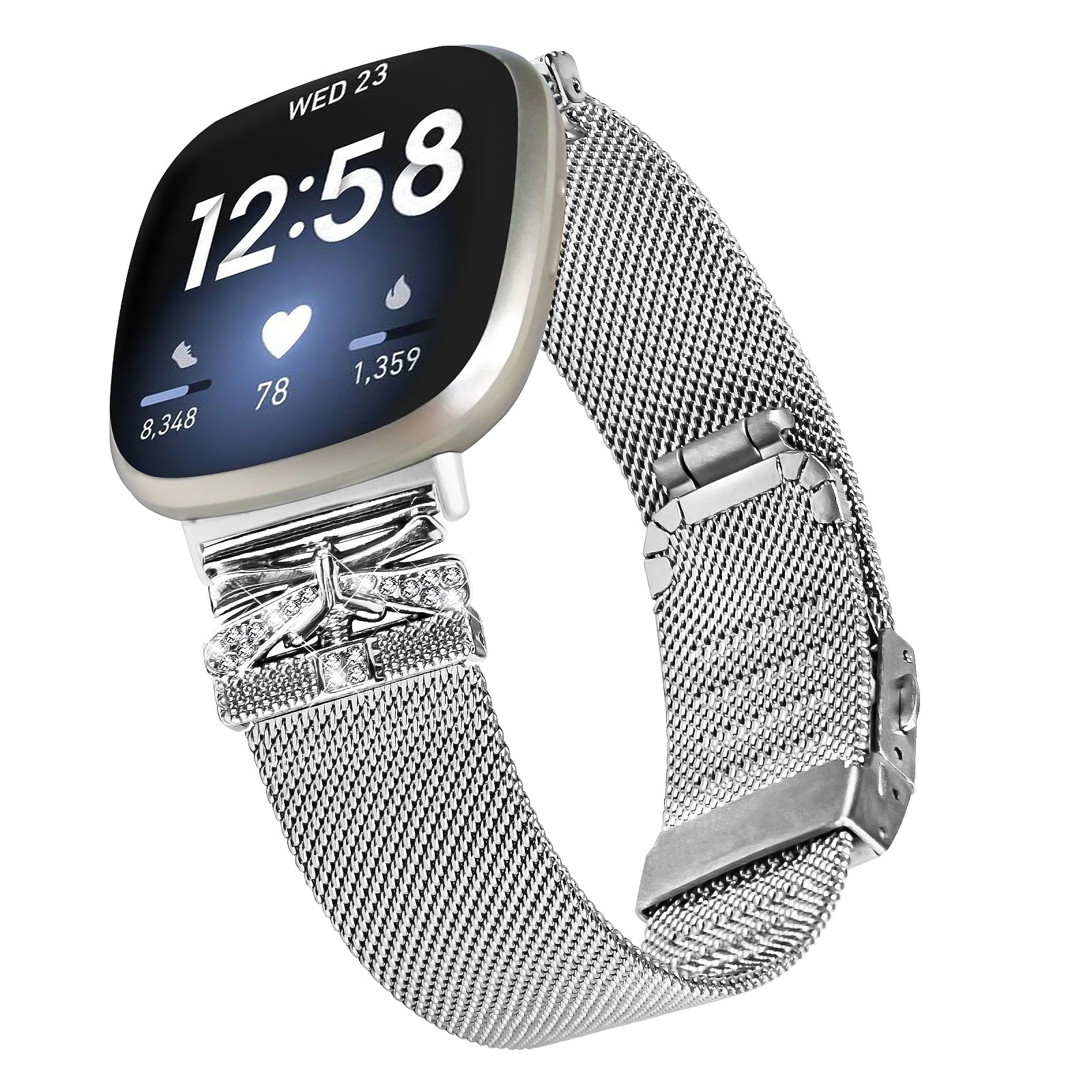 For Fitbit Sense / Versa 3 Milanese Watchband Stainless Steel Watch Strap with Rhinestone Decor - Silver