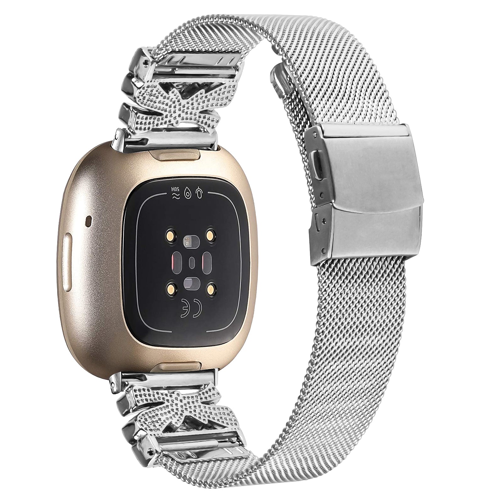 For Fitbit Sense / Versa 3 Milanese Watchband Stainless Steel Watch Strap with Rhinestone Decor - Silver