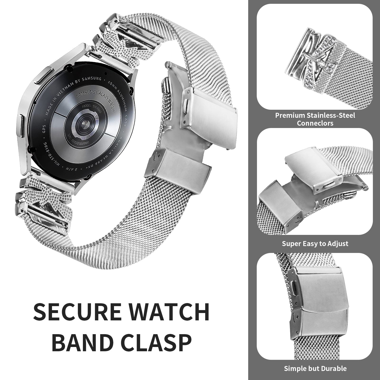 For Samsung Galaxy Watch Active / Active2 44mm / 40mm Butterfly Design Milanese Band 20mm Stainless Steel Strap - Silver