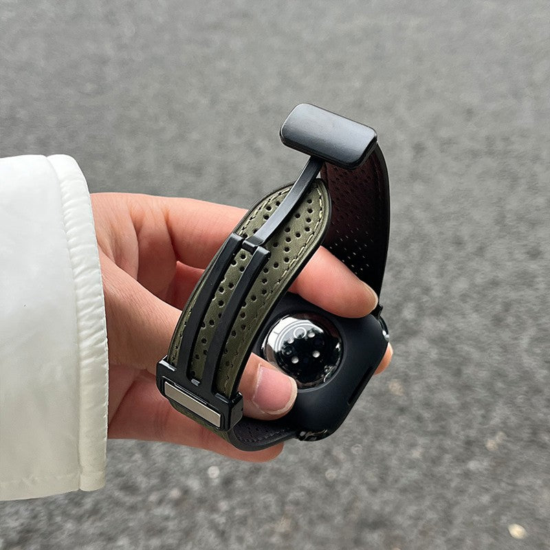 For Apple Watch Ultra 2 Ultra 49mm / Series 9 8 7 45mm / 6 5 4 SE SE (2022) 44mm / 3 2 1 42mm Watch Strap Genuine Cow Leather Magnetic Band - Army Green