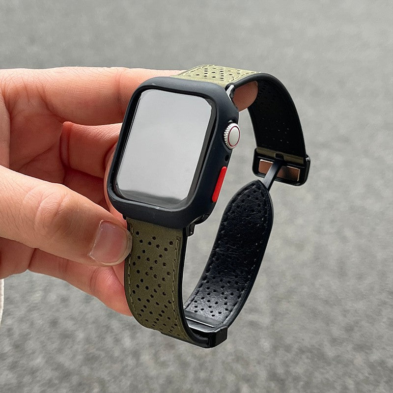 For Apple Watch Ultra 2 Ultra 49mm / Series 9 8 7 45mm / 6 5 4 SE SE (2022) 44mm / 3 2 1 42mm Watch Strap Genuine Cow Leather Magnetic Band - Army Green
