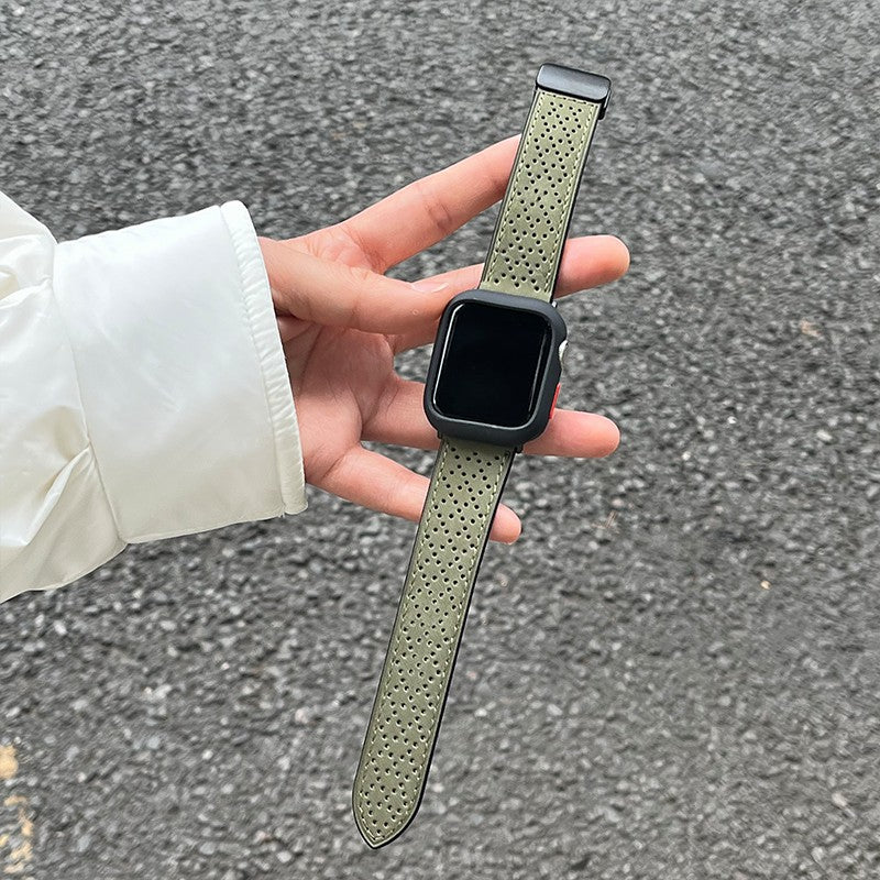 For Apple Watch Ultra 2 Ultra 49mm / Series 9 8 7 45mm / 6 5 4 SE SE (2022) 44mm / 3 2 1 42mm Watch Strap Genuine Cow Leather Magnetic Band - Army Green