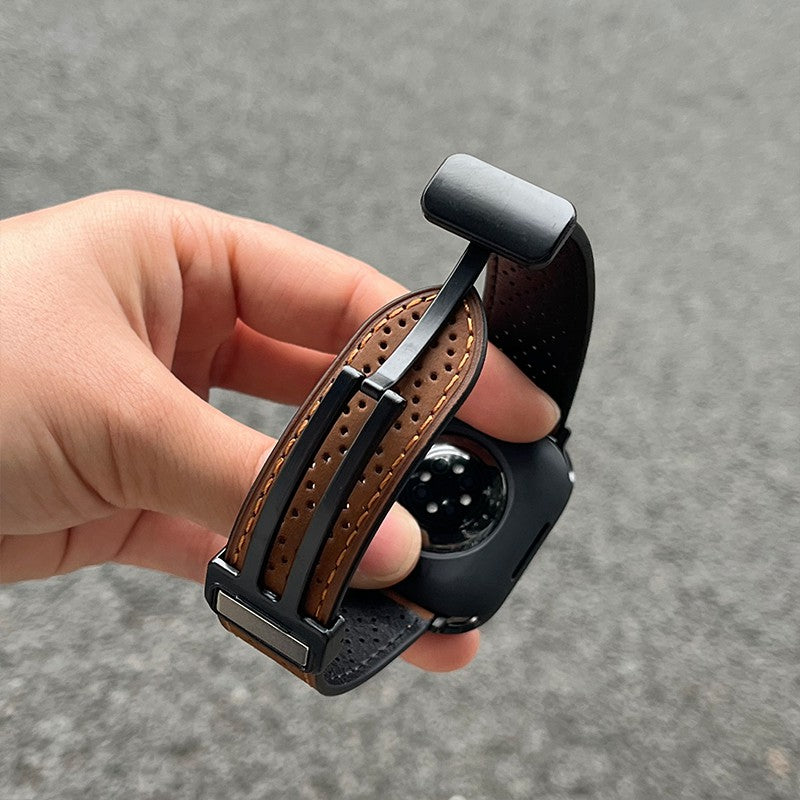 For Apple Watch Ultra 2 Ultra 49mm / Series 9 8 7 45mm / 6 5 4 SE SE (2022) 44mm / 3 2 1 42mm Watch Strap Genuine Cow Leather Magnetic Band - Army Green