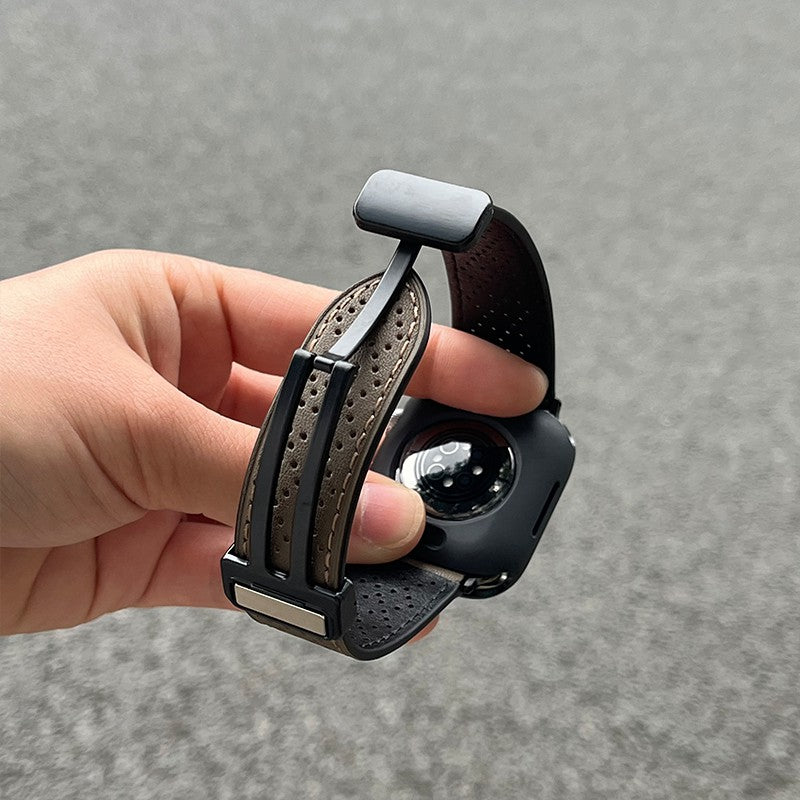 For Apple Watch Ultra 2 Ultra 49mm / Series 9 8 7 45mm / 6 5 4 SE SE (2022) 44mm / 3 2 1 42mm Watch Strap Genuine Cow Leather Magnetic Band - Army Green